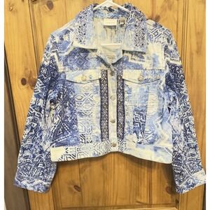 Chico's Blue Patchwork Elbellished Denim Jacket 2 Sequin Beaded Boho Western‎